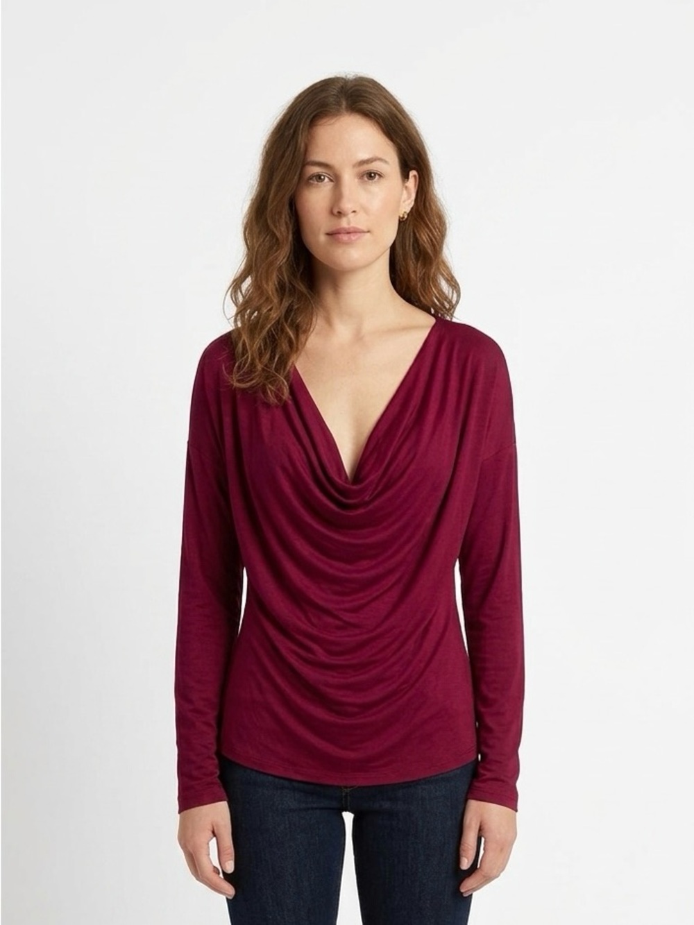 Anthropologie Draped Long Sleeve Jersey Blouse Red Raspberry Size XS